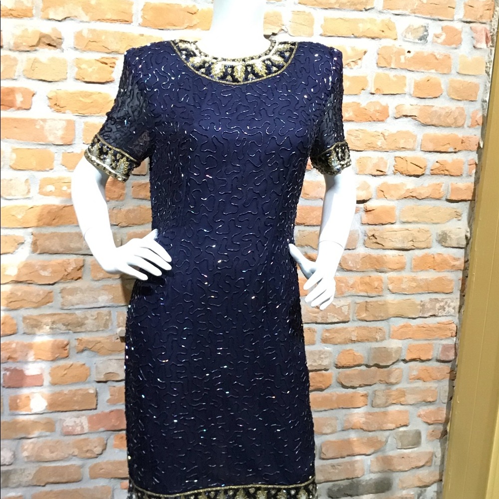 Vintage silk Laurence Kazar beaded sequin dress.